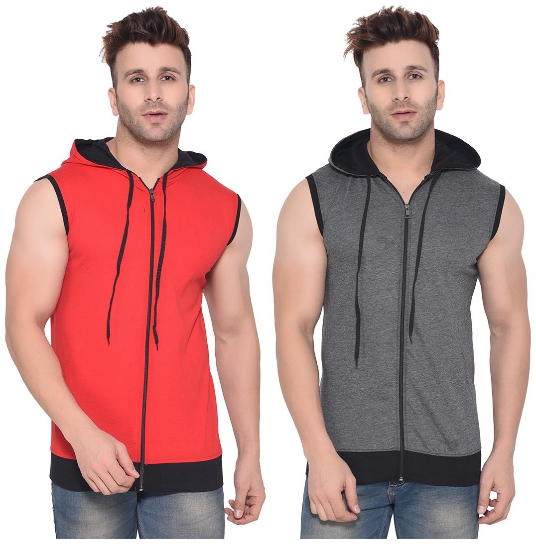 

BLISSTONE Men Red Grey Slim fit Cotton Blend Hood T-Shirt - Pack Of 2