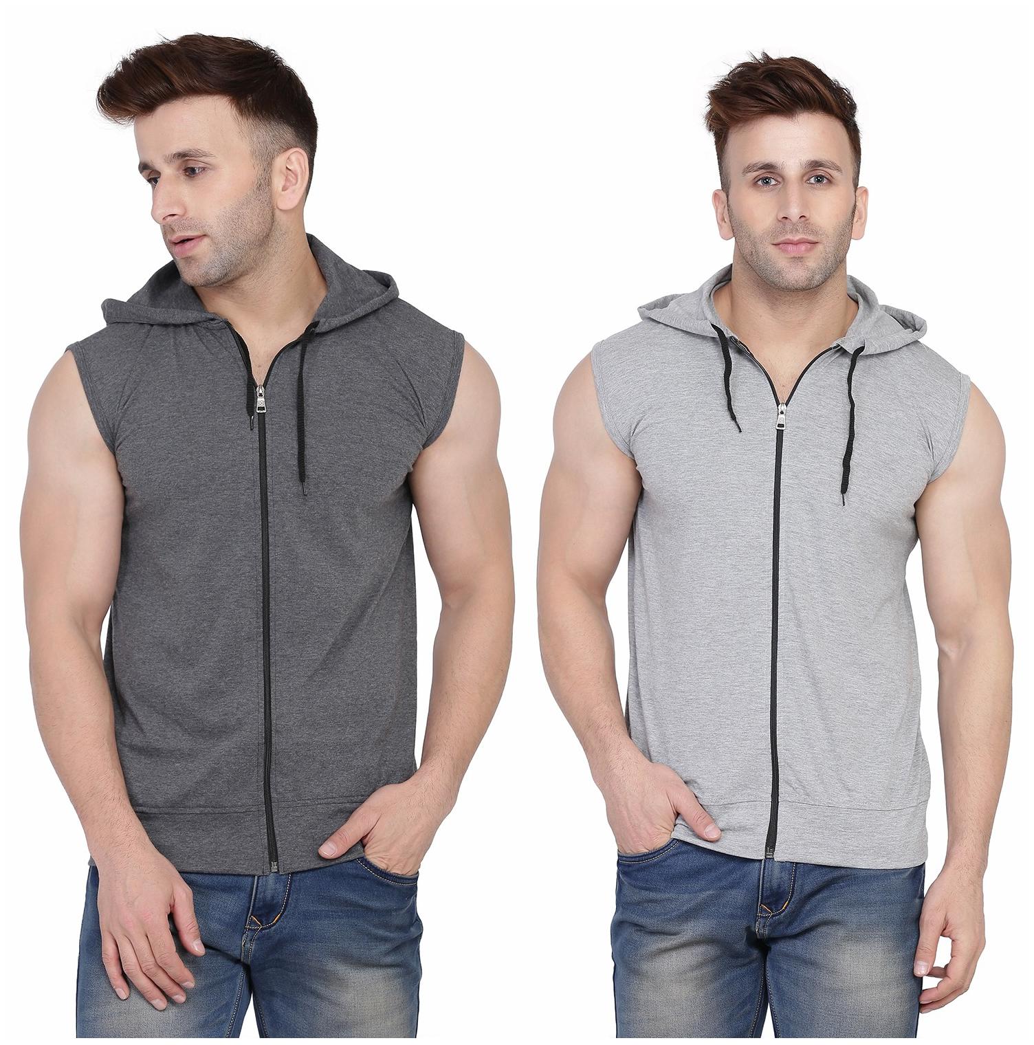 

BLISSTONE Men Grey Slim fit Cotton Blend Hood T-Shirt - Pack Of 2