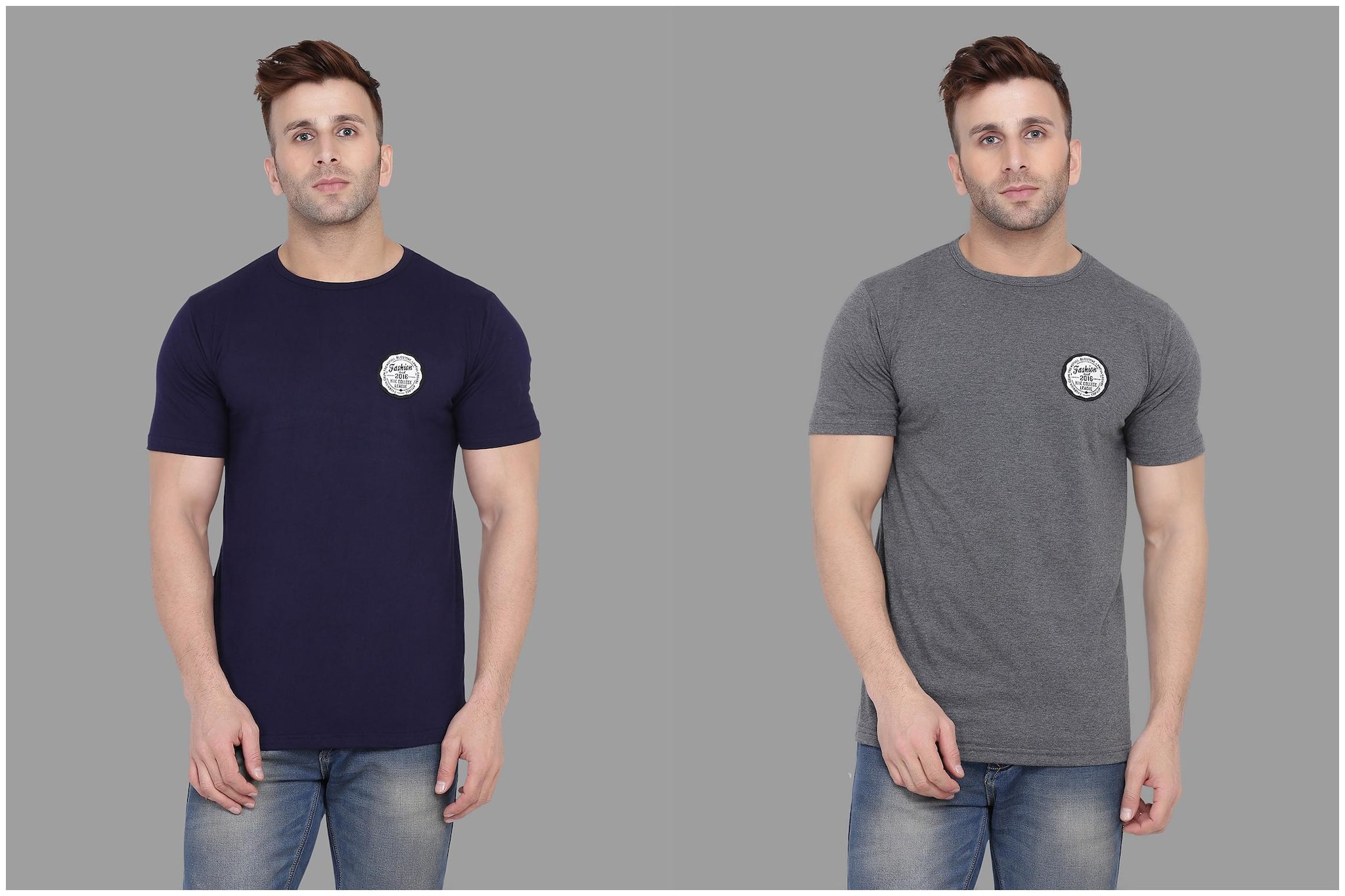 

BLISSTONE Men Navy blue Grey Slim fit Cotton Blend Round neck T-Shirt - Pack Of 2