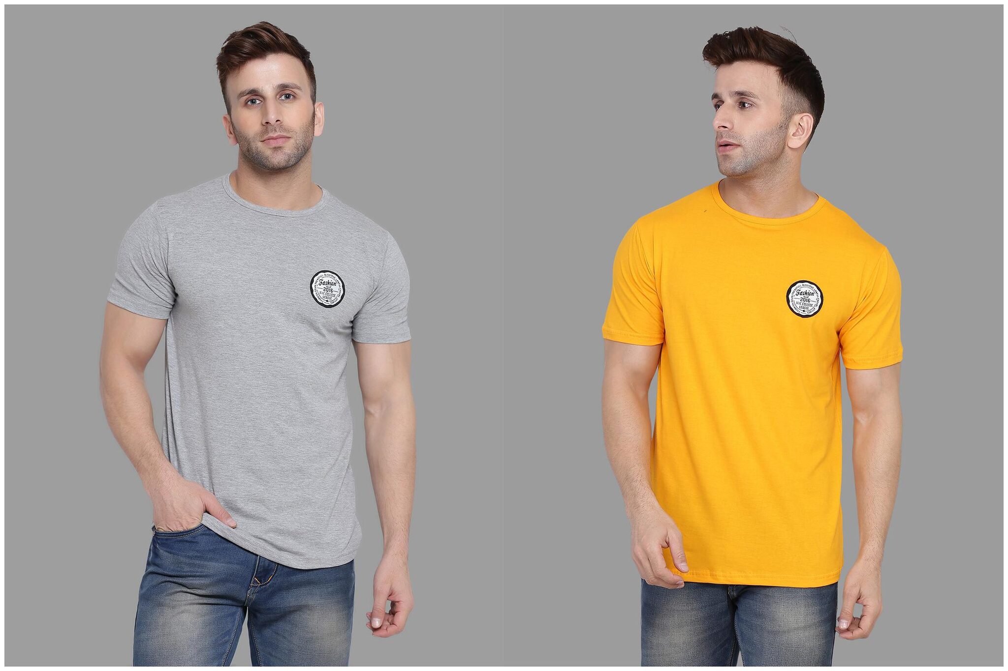 

BLISSTONE Men Grey Yellow Slim fit Cotton Blend Round neck T-Shirt - Pack Of 2
