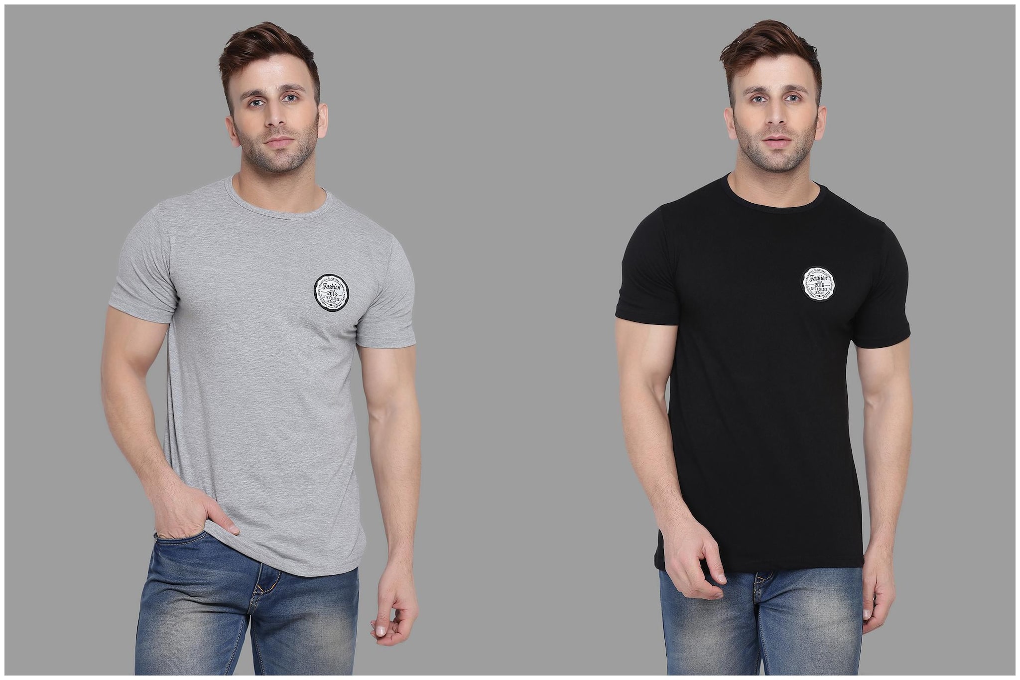 

BLISSTONE Men Grey Black Slim fit Cotton Blend Round neck T-Shirt - Pack Of 2