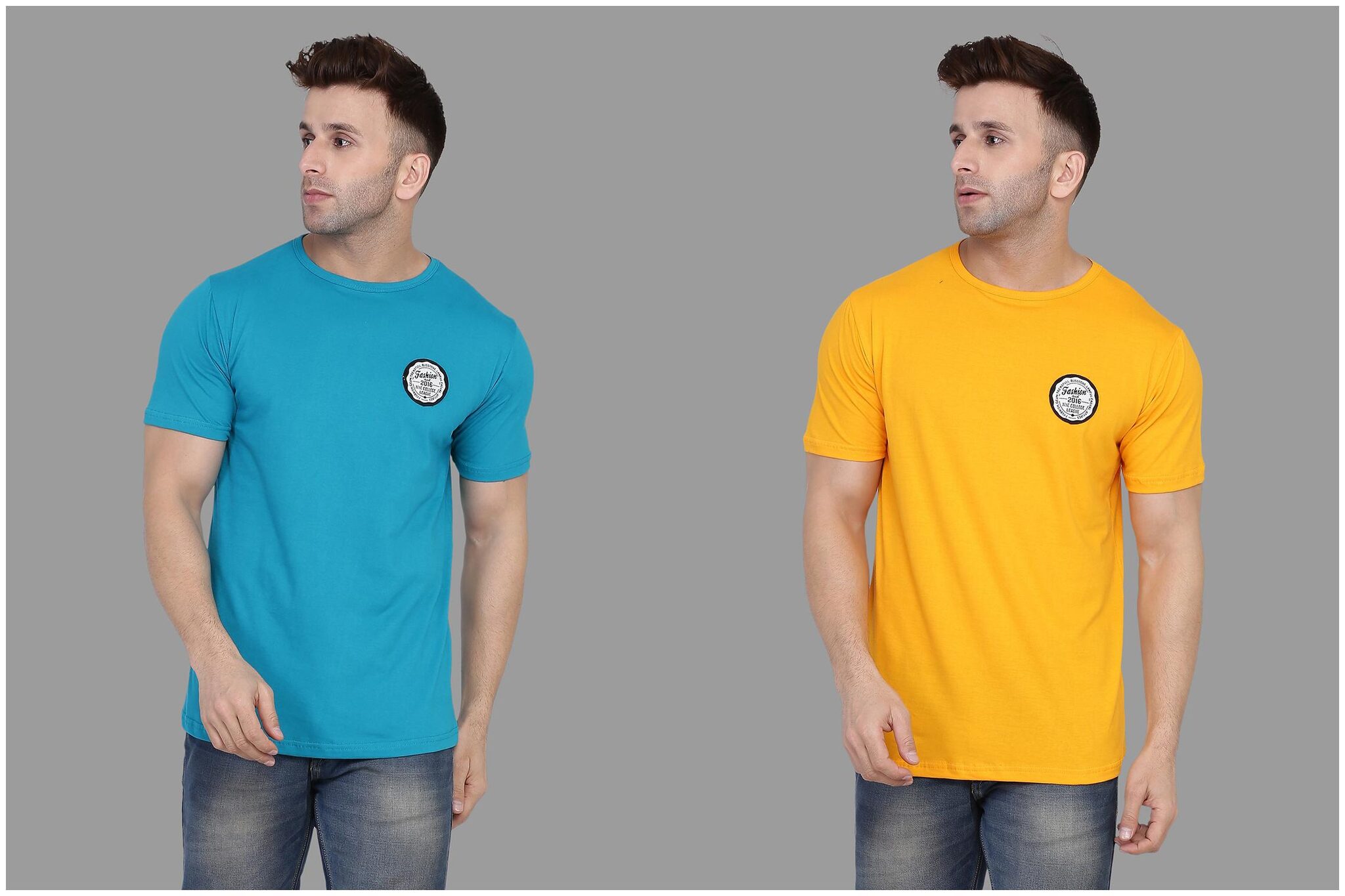 

BLISSTONE Men Turquoise Yellow Slim fit Cotton Blend Round neck T-Shirt - Pack Of 2