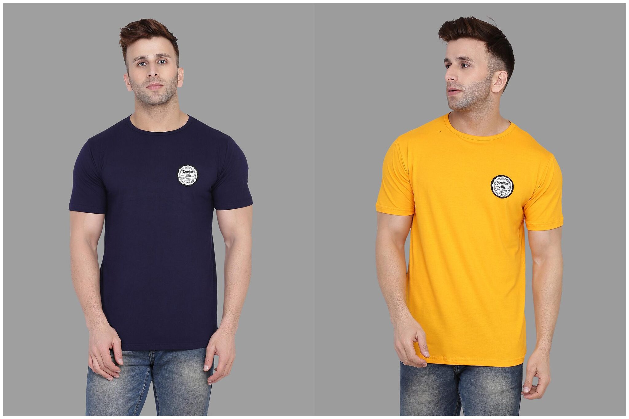 

BLISSTONE Men Navy blue Yellow Slim fit Cotton Blend Round neck T-Shirt - Pack Of 2
