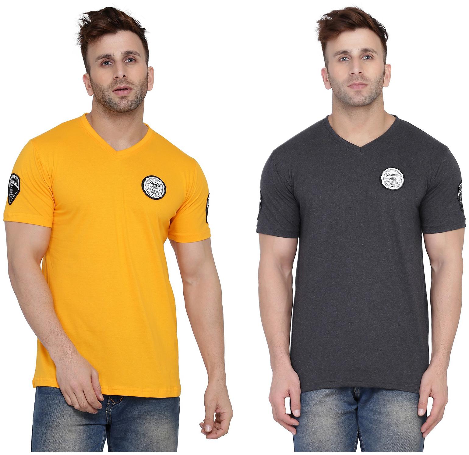 

BLISSTONE Men Yellow Grey Slim fit Cotton Blend V neck T-Shirt - Pack Of 2