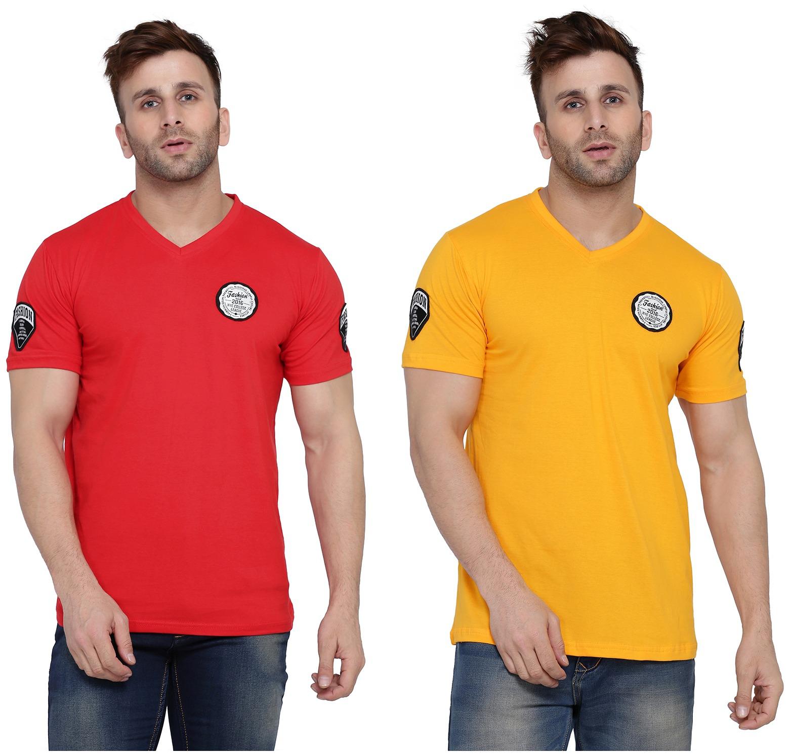 

BLISSTONE Men Red Yellow Slim fit Cotton Blend V neck T-Shirt - Pack Of 2