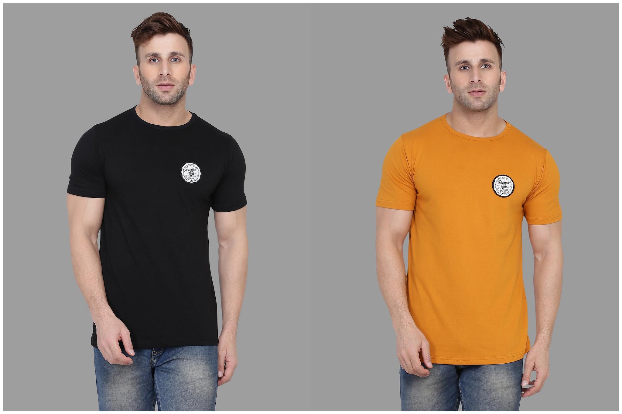 

BLISSTONE Men Black Mustard Slim fit Cotton Blend Round neck T-Shirt - Pack Of 2