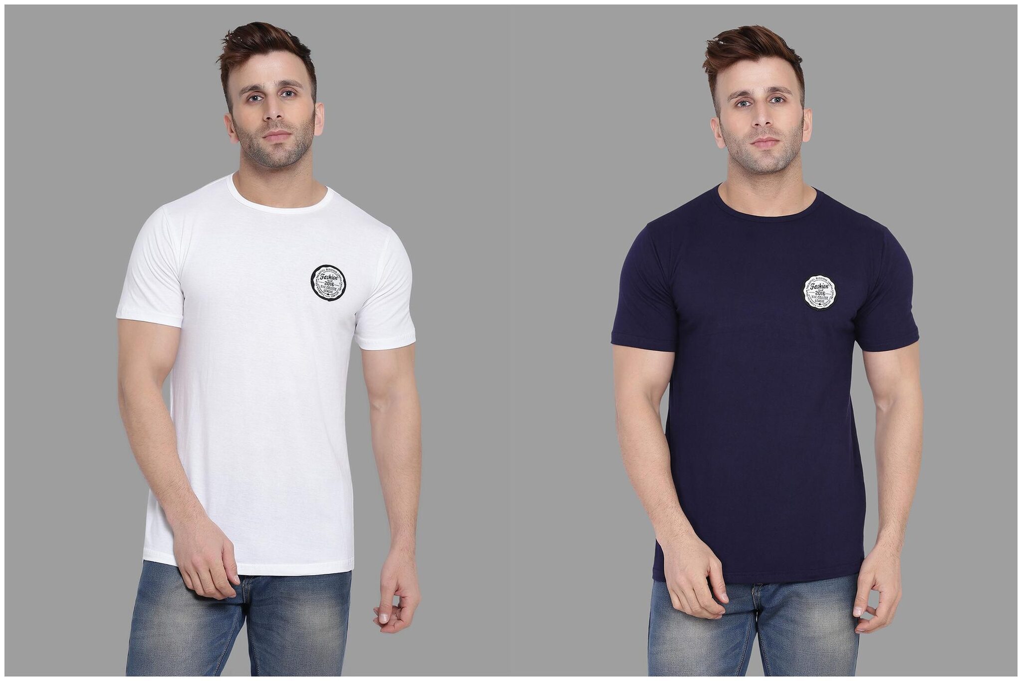 

BLISSTONE Men White Navy blue Slim fit Cotton Blend Round neck T-Shirt - Pack Of 2