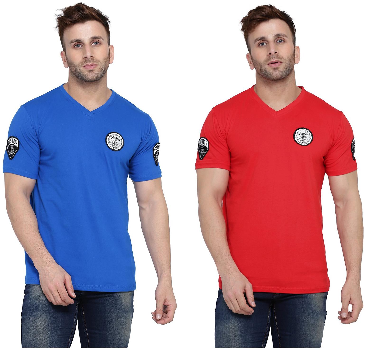 

BLISSTONE Men Blue Red Slim fit Cotton Blend V neck T-Shirt - Pack Of 2