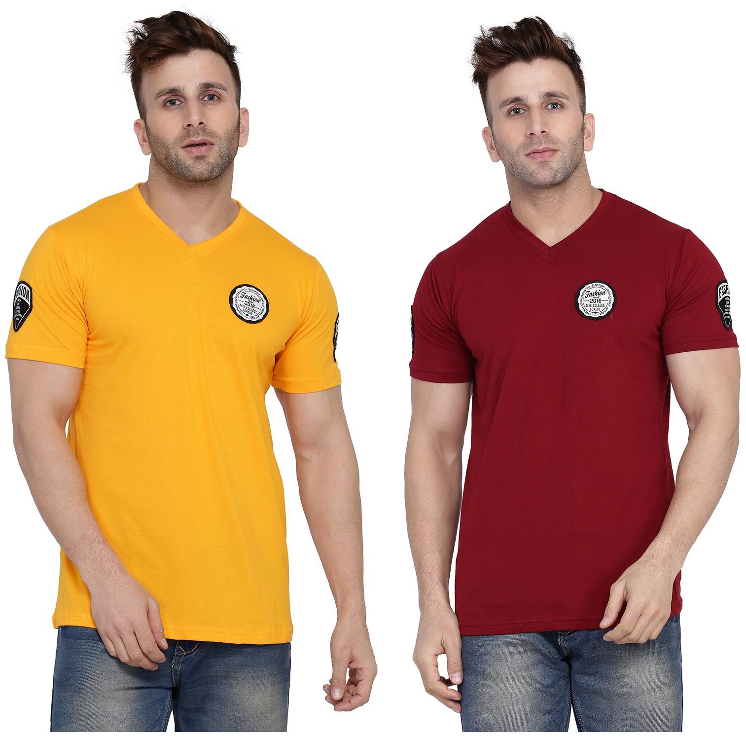 

BLISSTONE Men Yellow Maroon Slim fit Cotton Blend V neck T-Shirt - Pack Of 2
