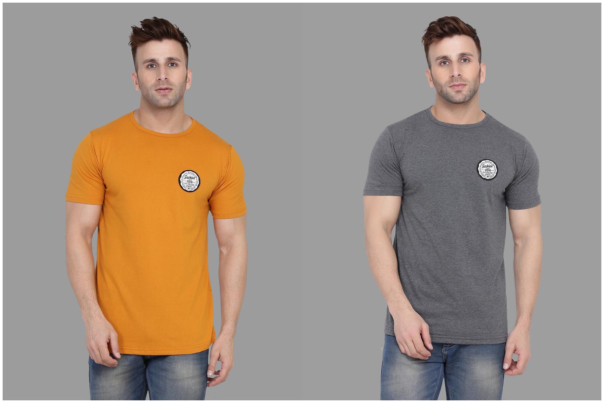 

BLISSTONE Men Mustard Grey Slim fit Cotton Blend Round neck T-Shirt - Pack Of 2