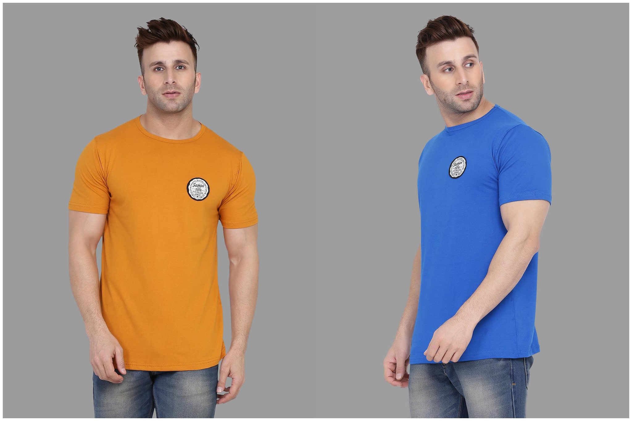 

BLISSTONE Men Mustard Blue Slim fit Cotton Blend Round neck T-Shirt - Pack Of 2