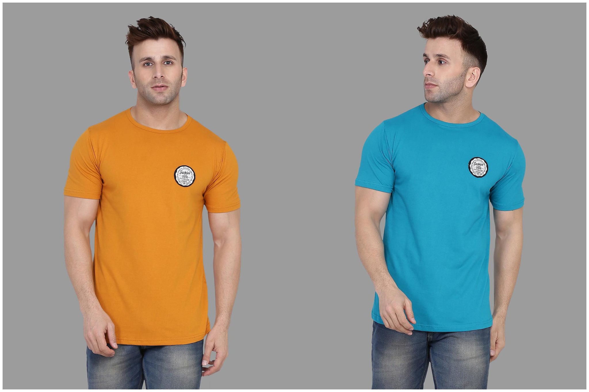 

BLISSTONE Men Mustard Turquoise Slim fit Cotton Blend Round neck T-Shirt - Pack Of 2