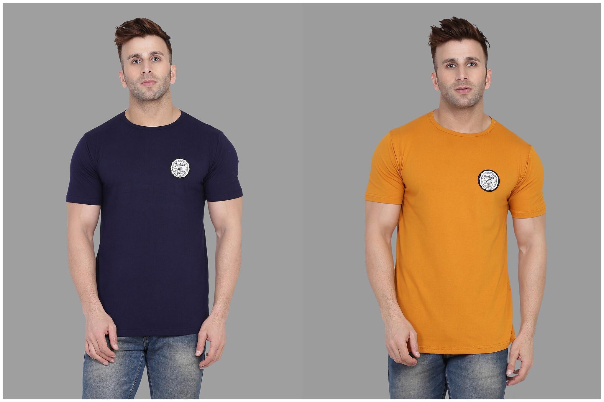 

BLISSTONE Men Navy blue Mustard Slim fit Cotton Blend Round neck T-Shirt - Pack Of 2