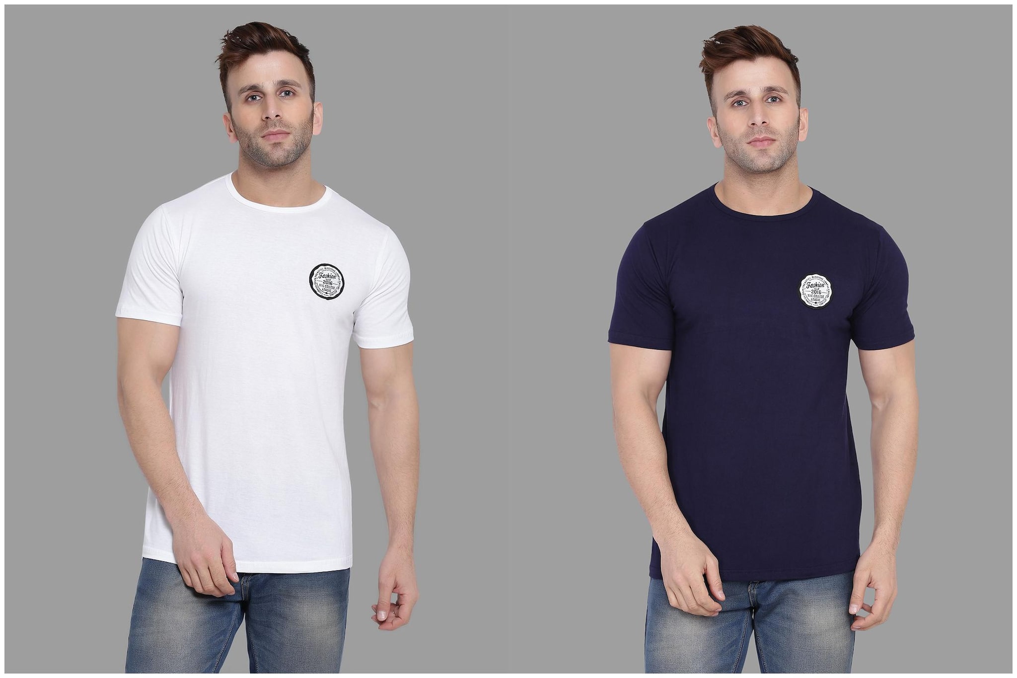 

BLISSTONE Men White Navy blue Slim fit Cotton Blend Round neck T-Shirt - Pack Of 2