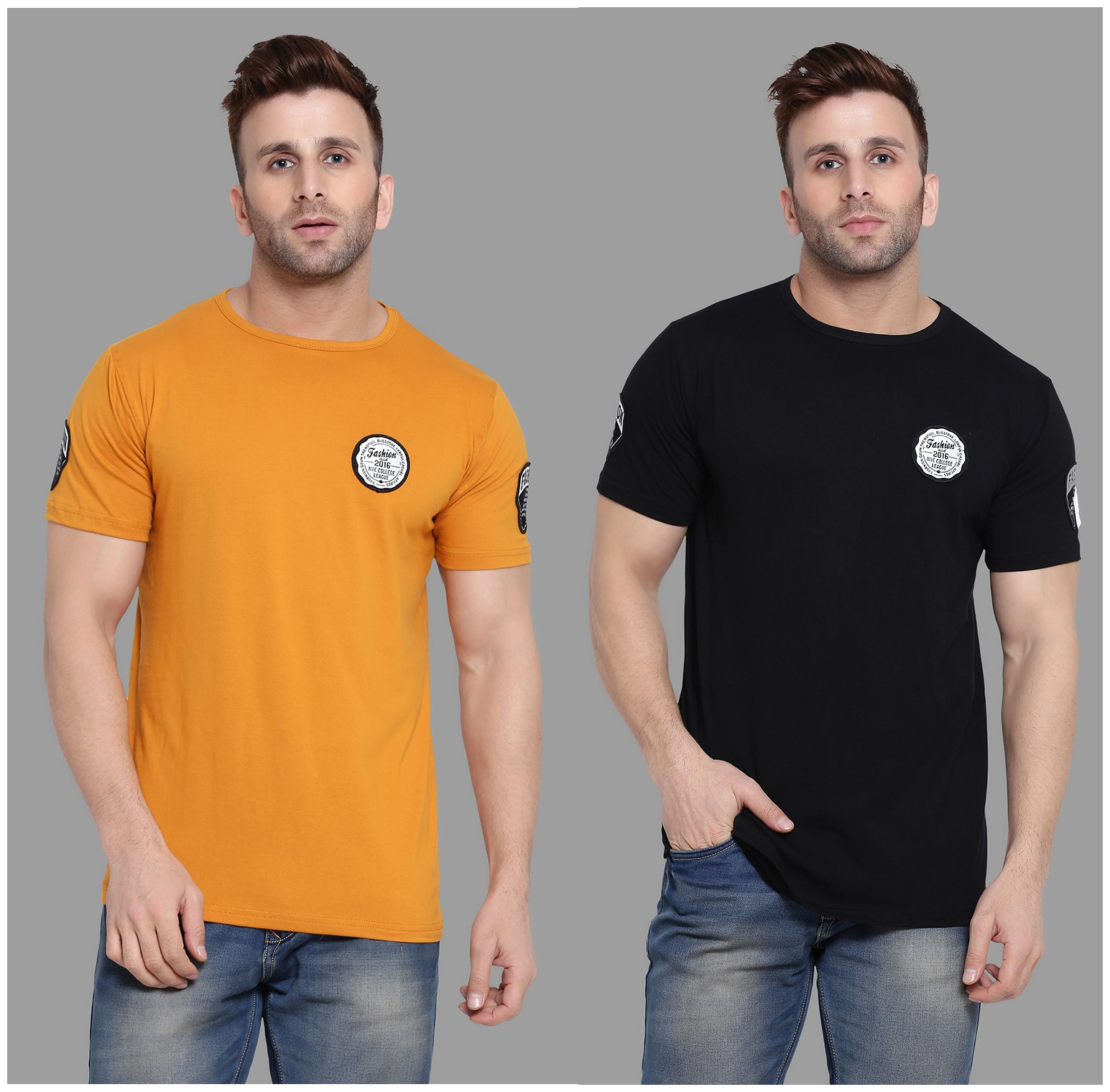 

BLISSTONE Men Mustard Black Slim fit Cotton Blend Round neck T-Shirt - Pack Of 2
