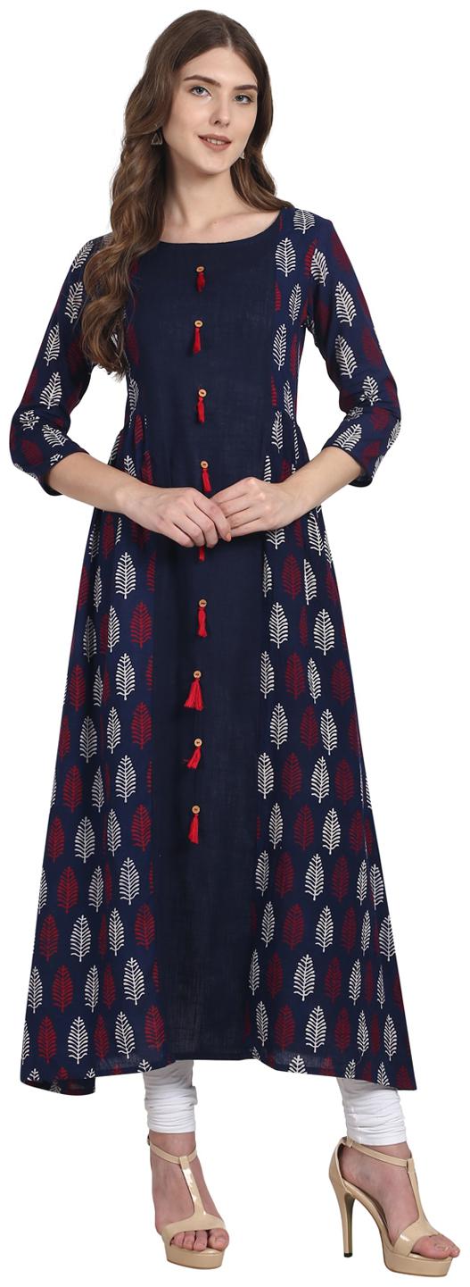 

Nayo Blue 3 4 Sleeve Cotton A-Line Kurta With Tussle Work