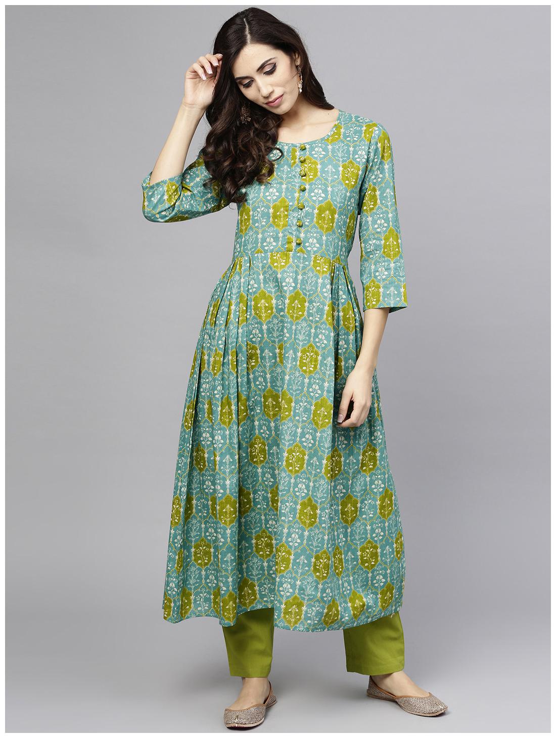 

Blue 3 4th sleeve Cotton A-line kurta