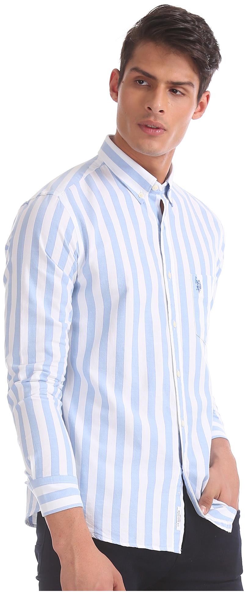 

U S Polo Assn Men Blue Vertical Stripes Regular Fit Casual Shirt