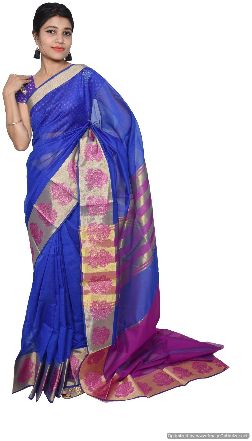 

Blue Banarsi Cotton Silk Saree with Running Blouse Fabric BS26