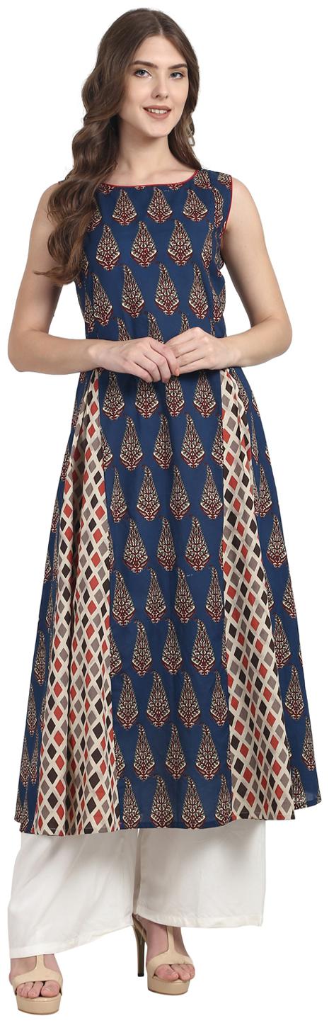 

Nayo Blue Butta Printed Sleevless Cotton A-Line Kurta