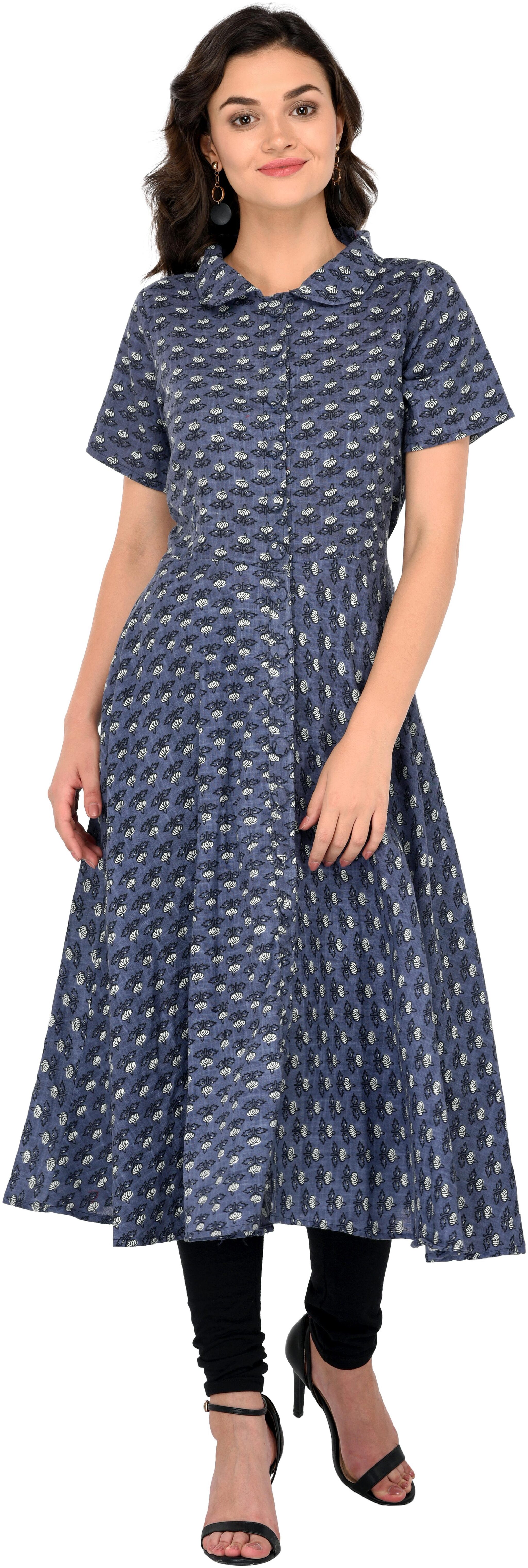 

Blue Colored Printed Cotton Flared Kurta Made By God Bless