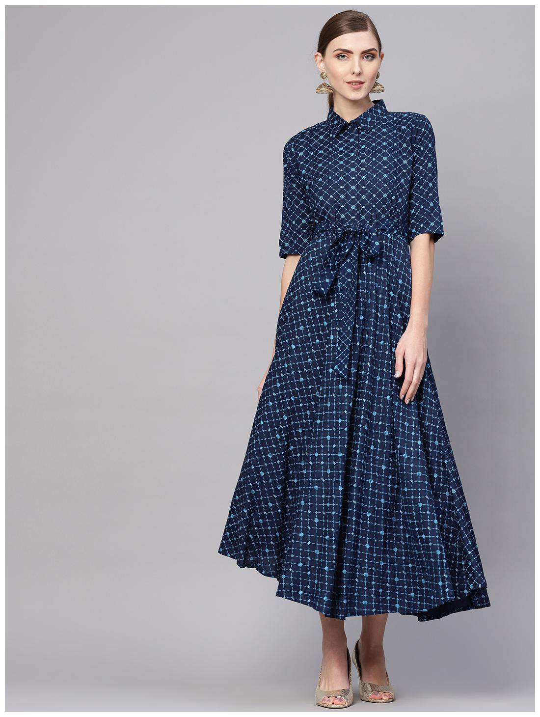 

Blue Cotton Printed Aline Flared Maxi Dress With Belt