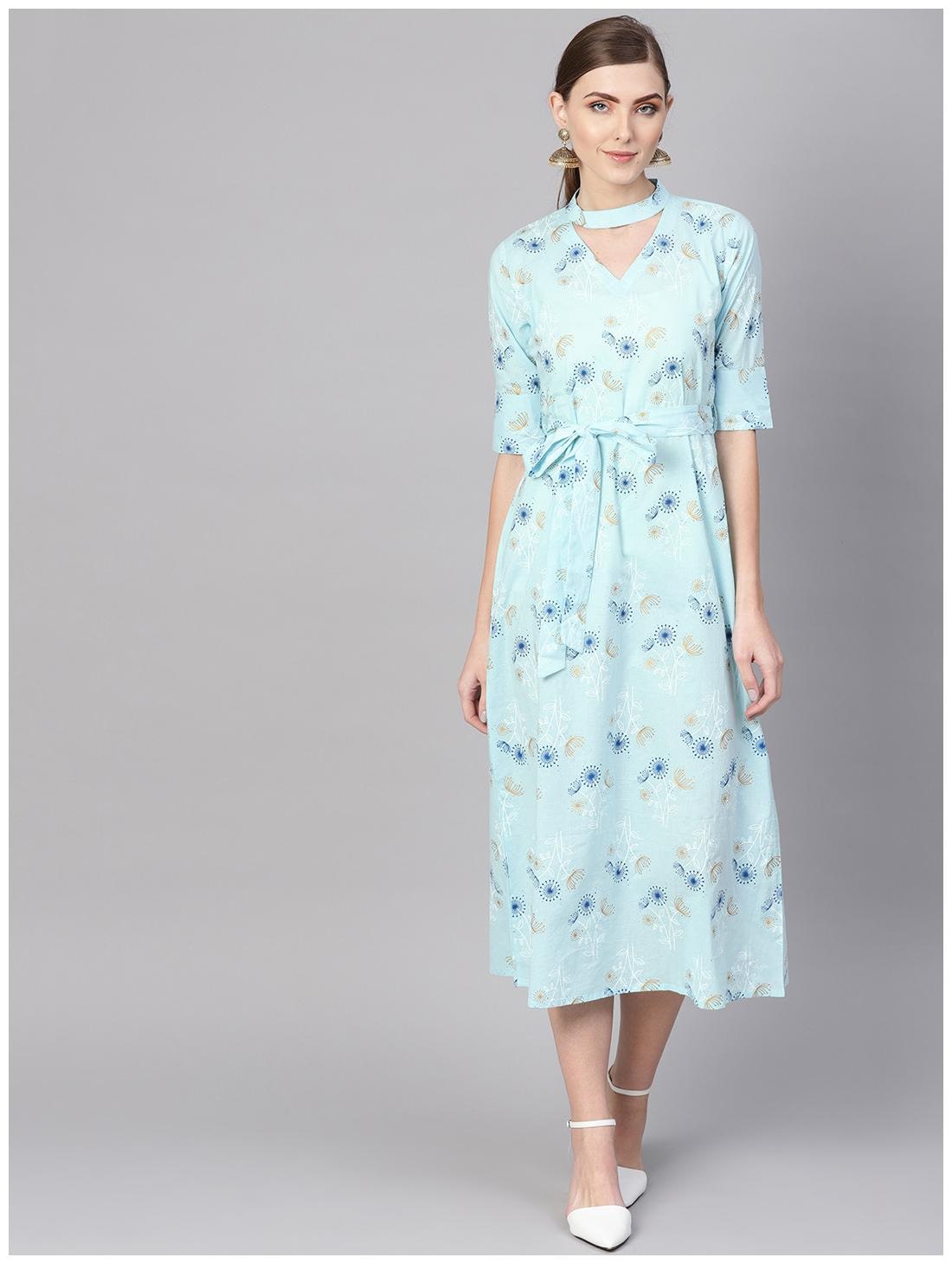 

Blue Cotton Printed A-line Flared Maxi Dress