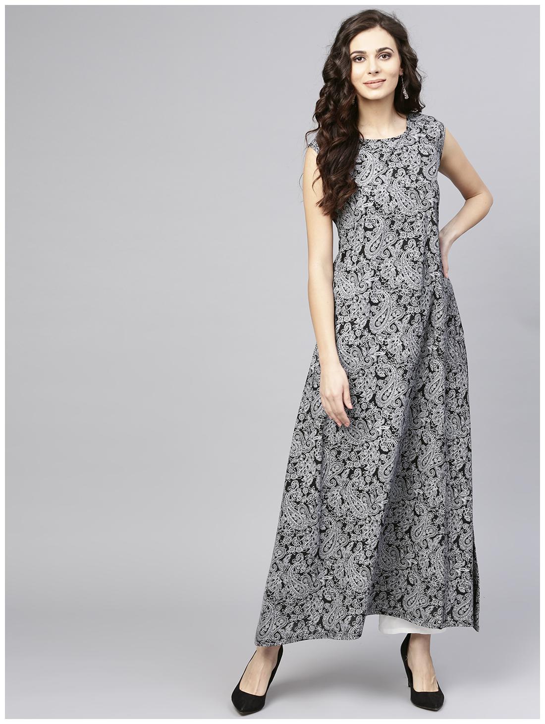 

Blue printed sleeveless cotton a-line floor length kurta