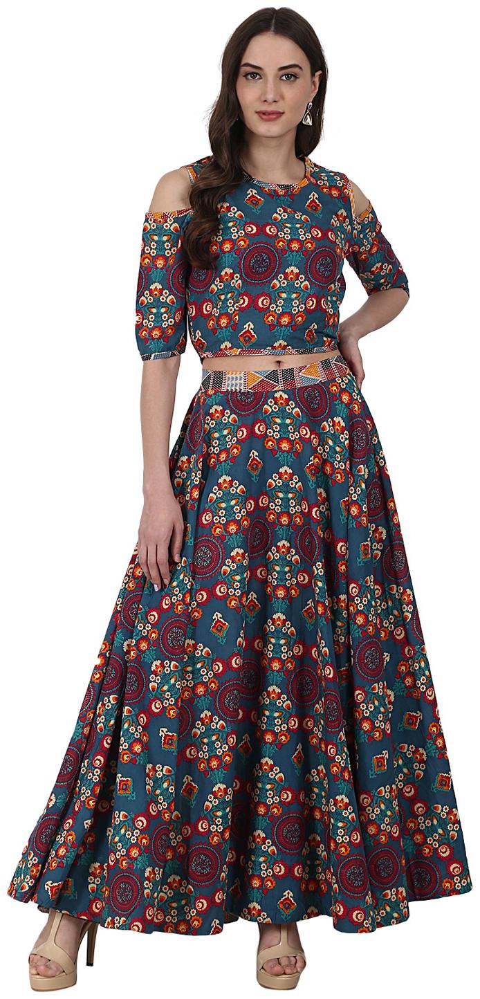 

Nayo Blue Printed Half Sleeve Tops With Ankle Length Flared Skirt