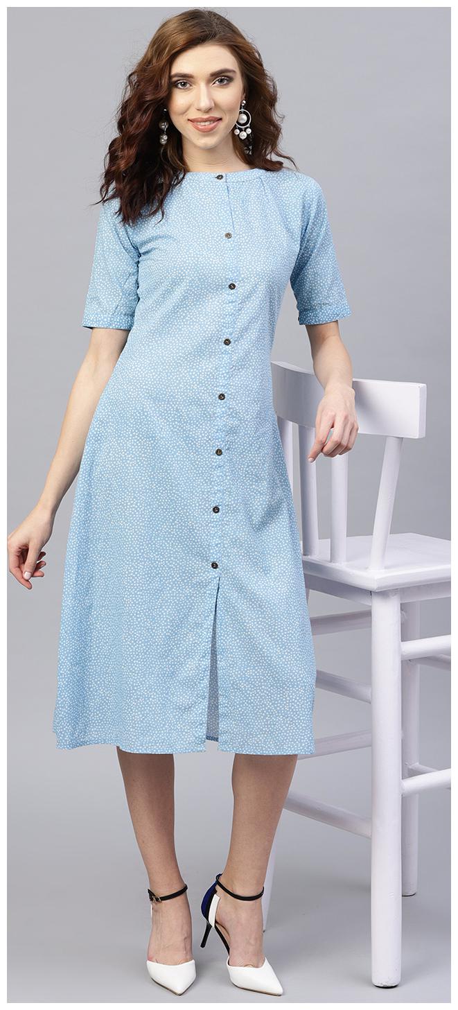 

AASI- HOUSE OF NAYO Blue Printed A-line dress