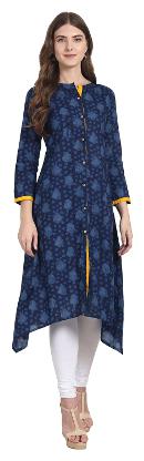 

Nayo Blue Printed 3 4 Sleeve Cotton Front Open Kurta