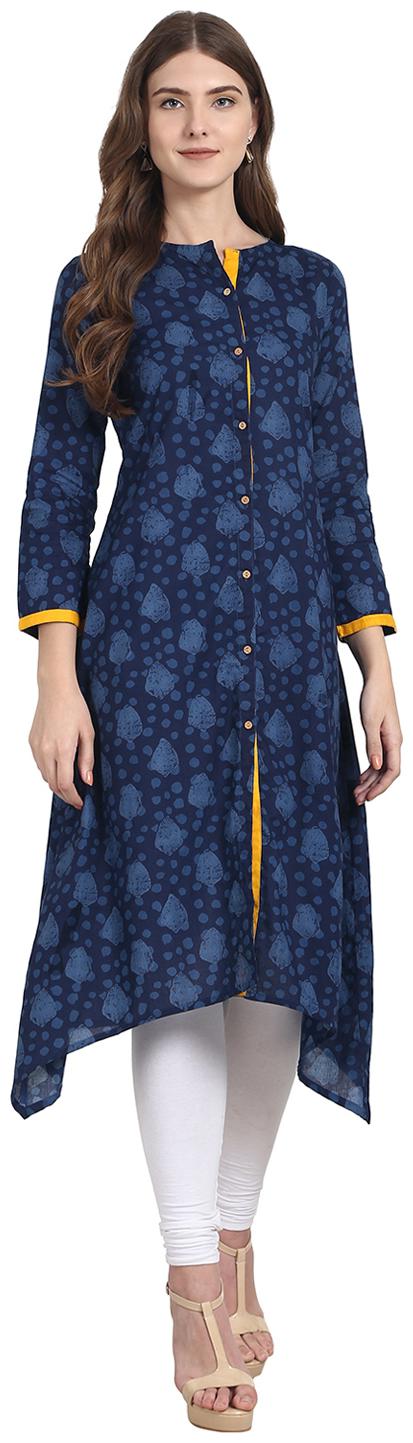 

Nayo Blue Printed 3 4 Sleeve Cotton Front Open Kurta