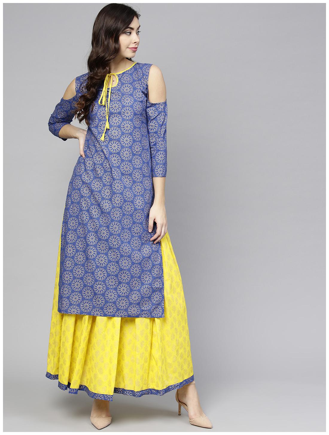 

AASI- HOUSE OF NAYO Women Blue Floral Straight Kurta With Skirt