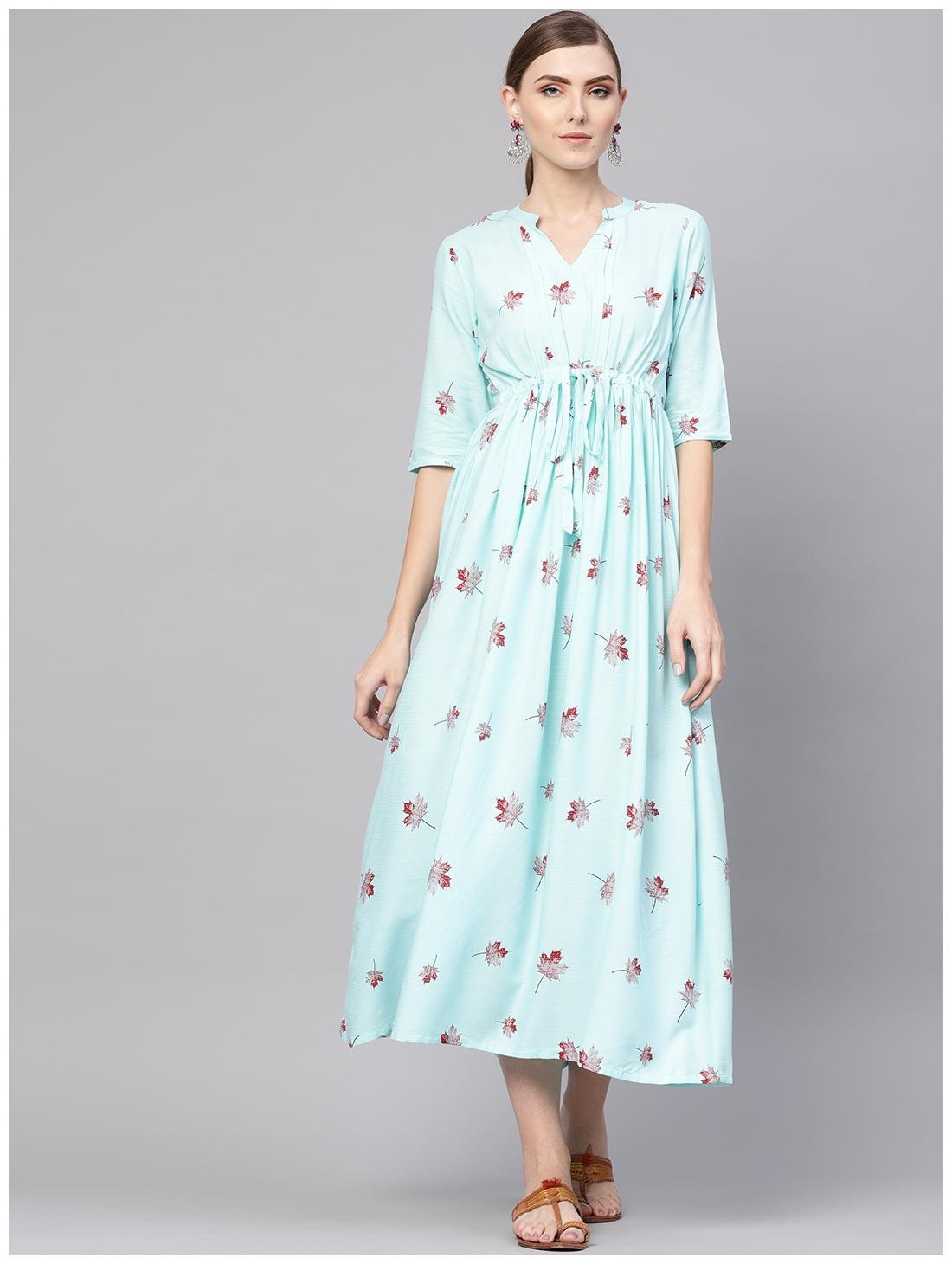 

Blue Rayon Printed A-Line Fit And Flared Maxi Dress