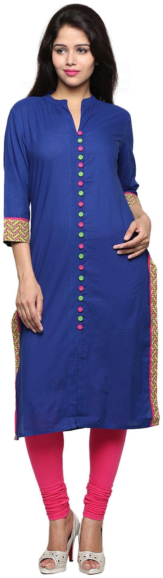 Blue solid cotton Kurti with front buttons