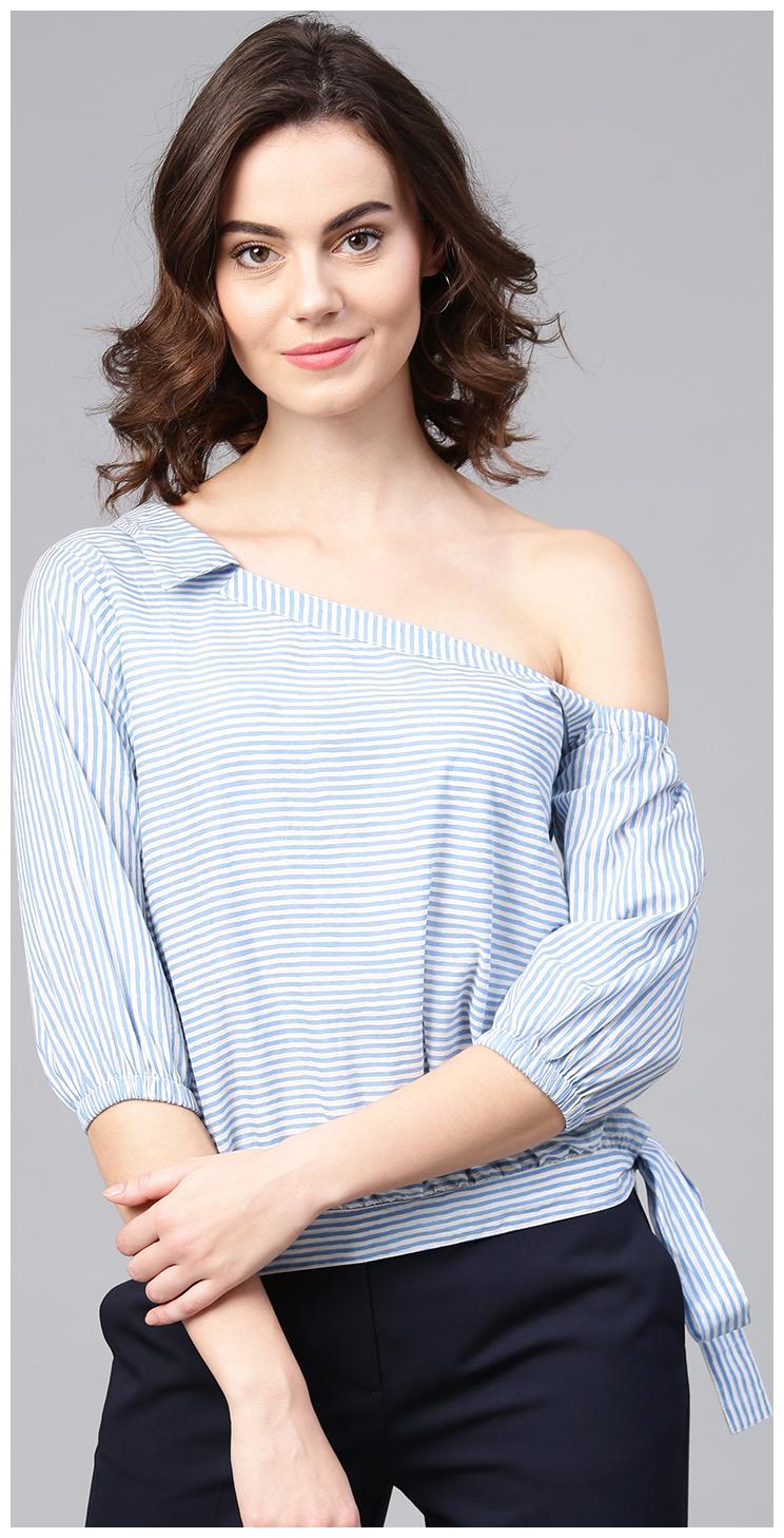 

Blue striped half one side off shoulder cotton tops