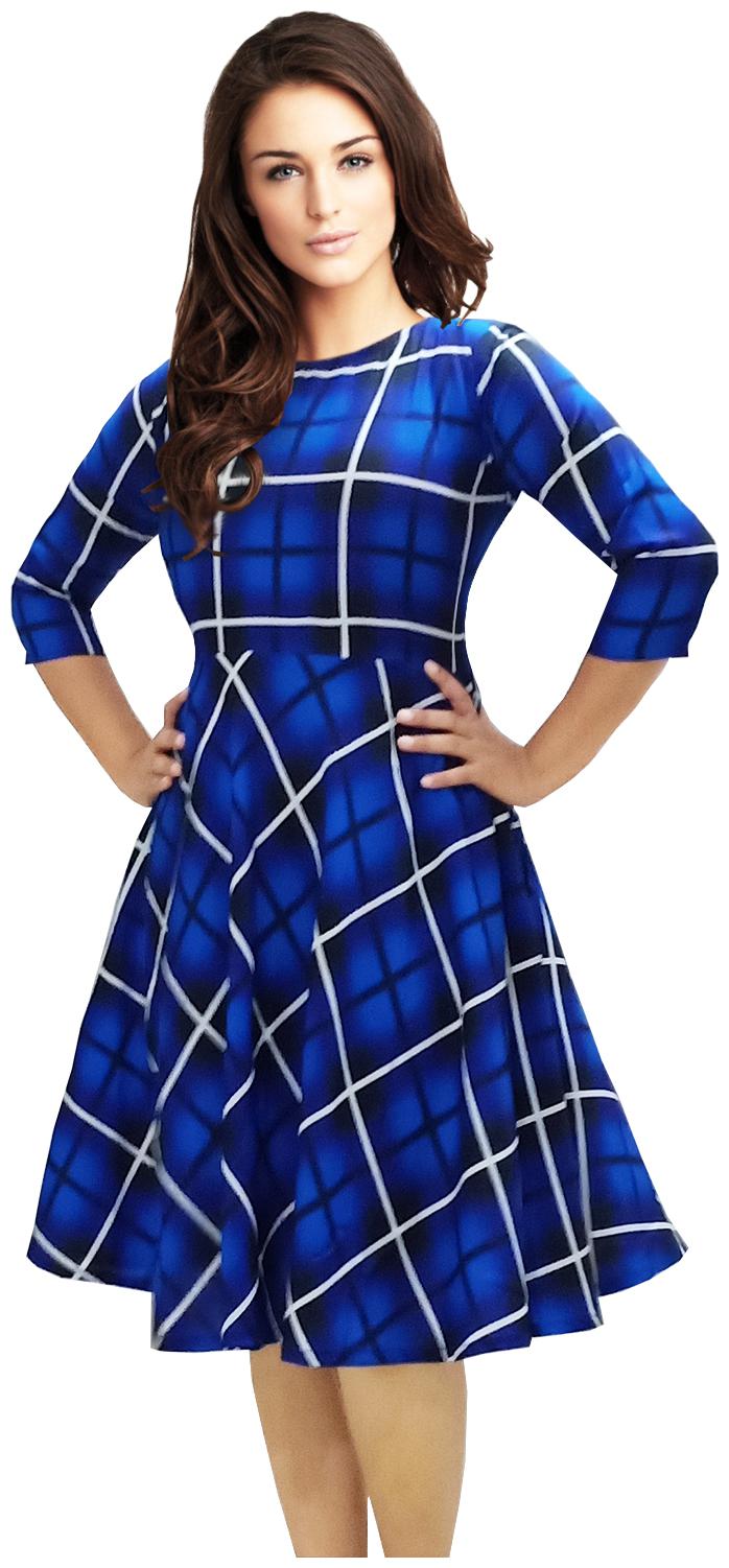 

EVALAXY Blue Checked Fit flare dress