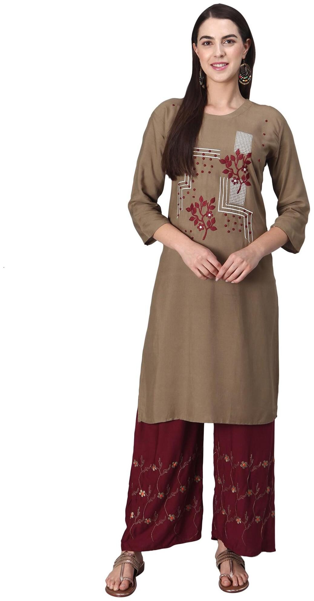 

BLUSHH COLLECTION Women Cotton Embroidered Brown Kurta With Palazzo
