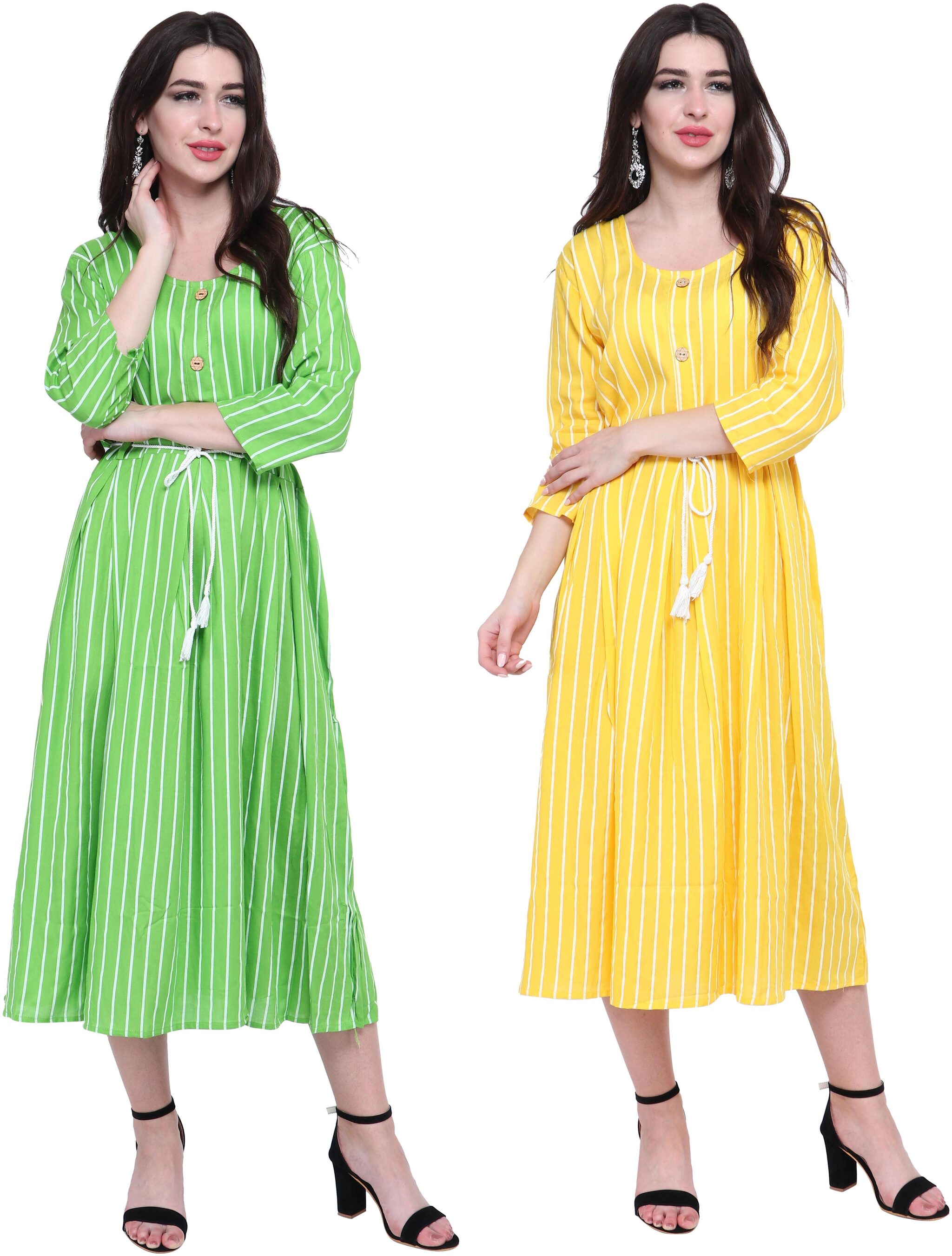

Blushh Collection Cotton Striped Green Yellow Color Kurti For Women (Pack Of 2)