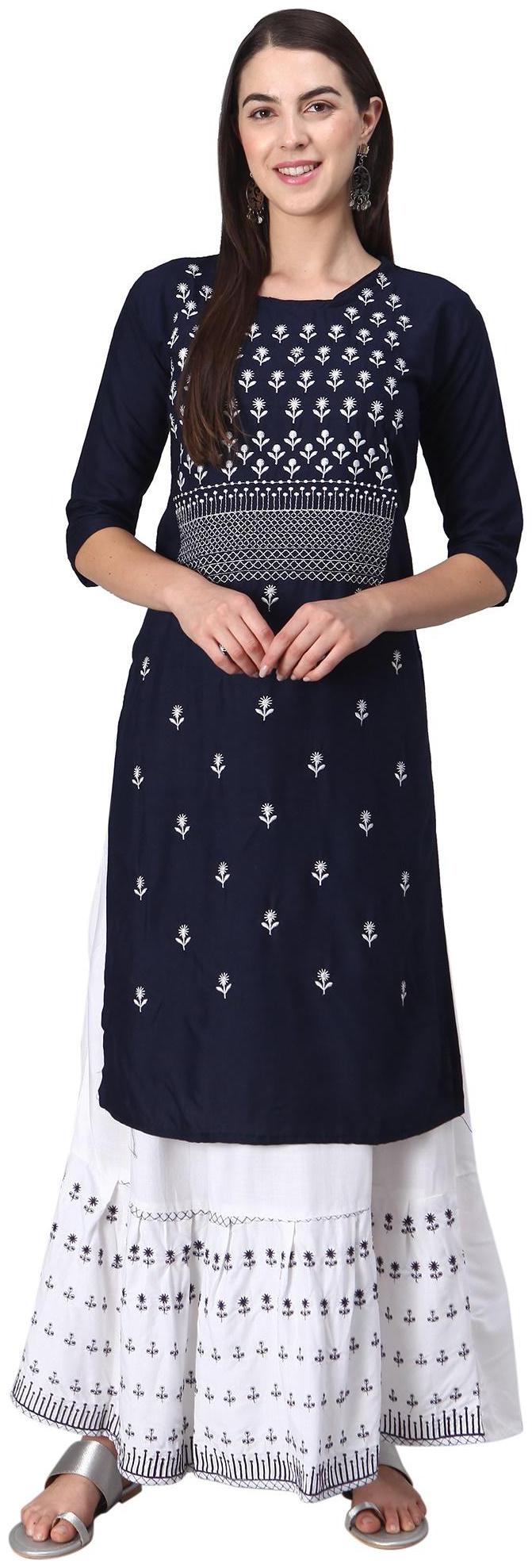 

BLUSHH COLLECTION Women Cotton Embroidered Navy Blue Kurti With Skirt