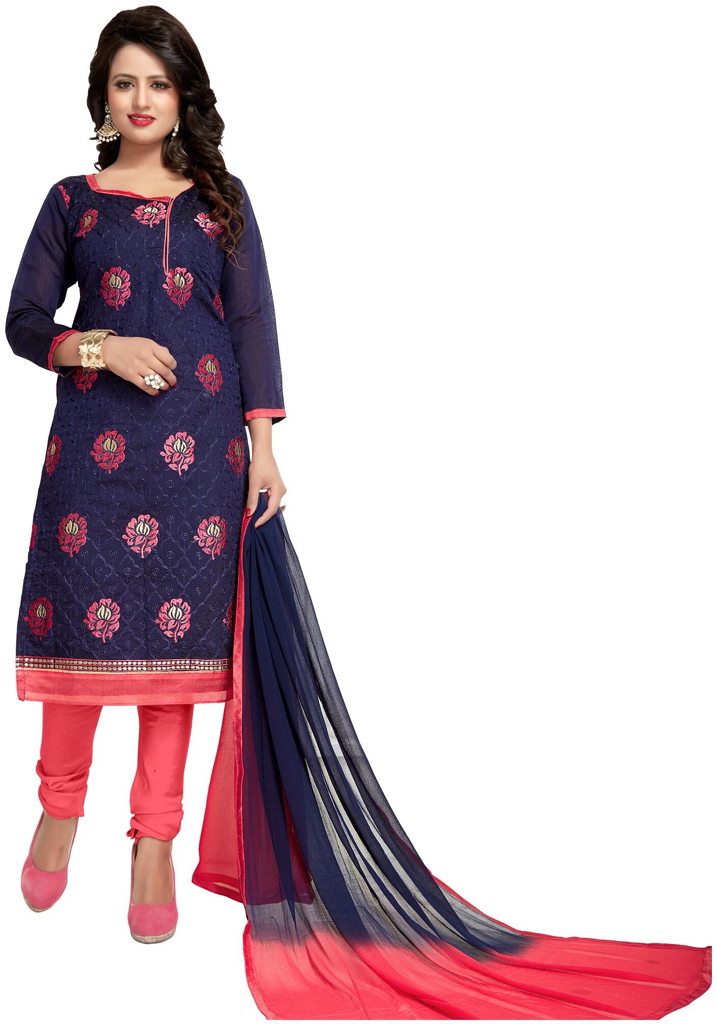 

Blushing Dreamy Blue Pink Georgette Embroidered Attractive Straight Salwar Suit