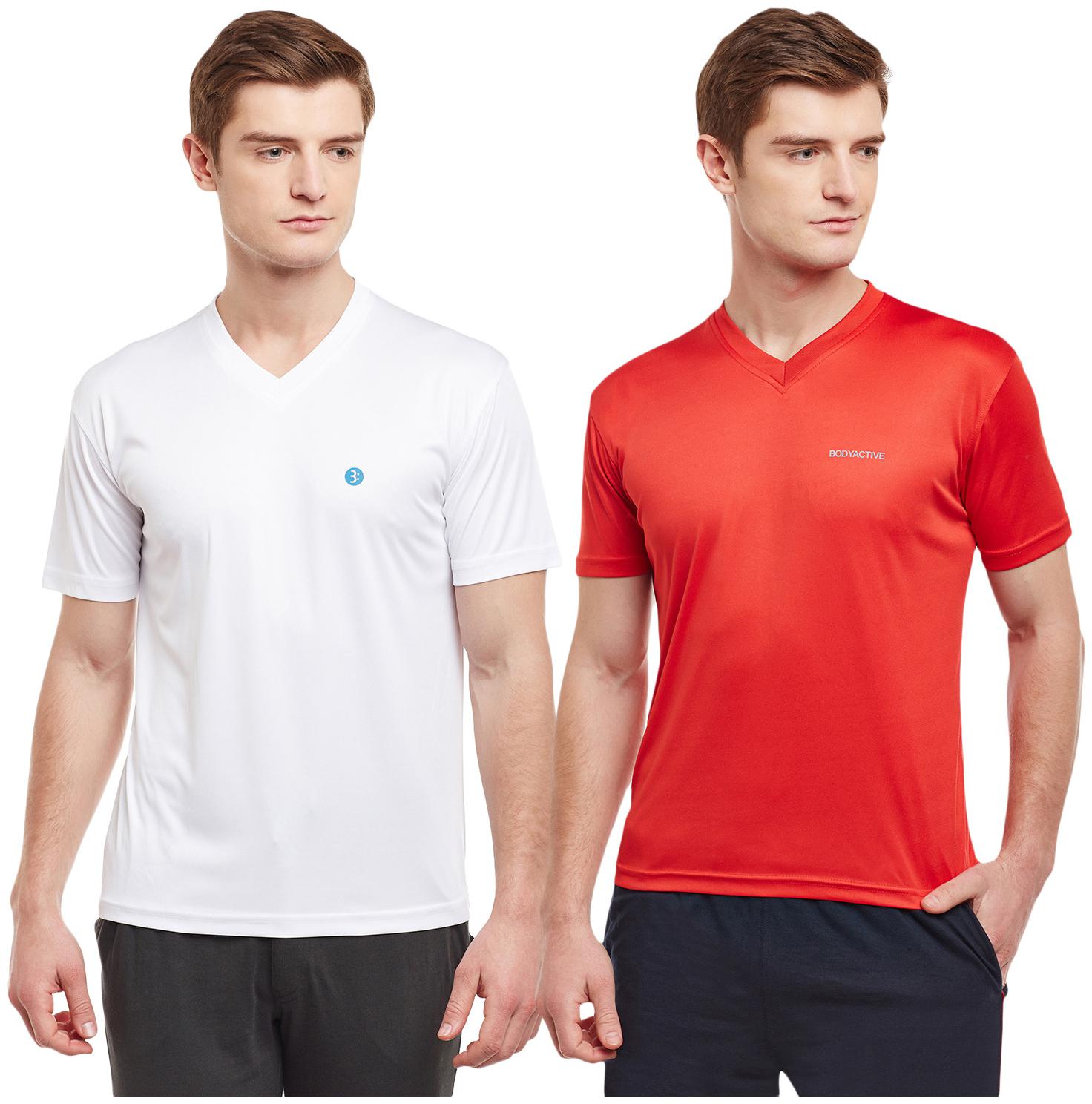 

Bodyactive Men White Red Regular fit Cotton V neck T-Shirt - Pack Of 2