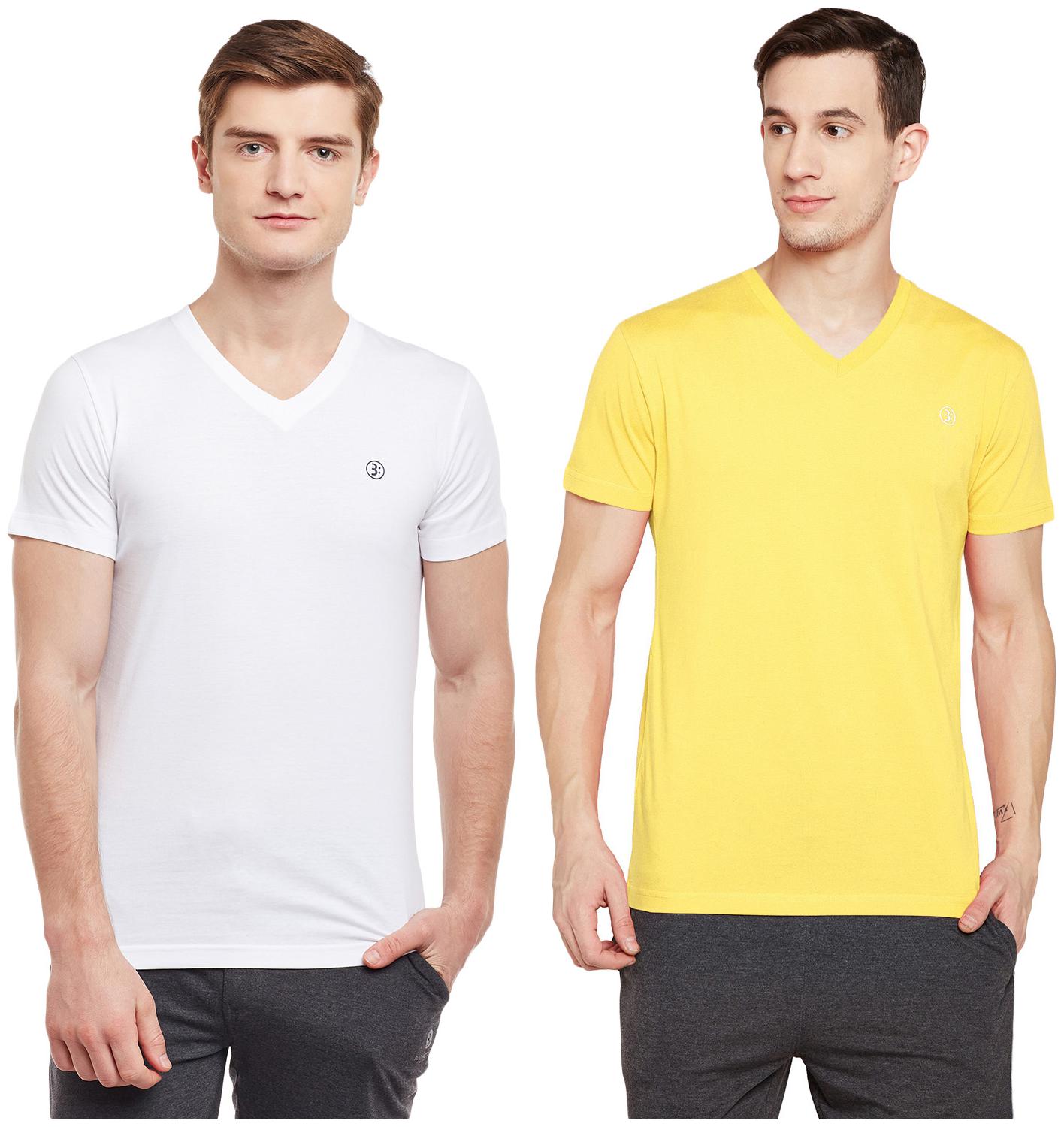 

Bodyactive Men White Yellow Regular fit Cotton V neck T-Shirt - Pack Of 2