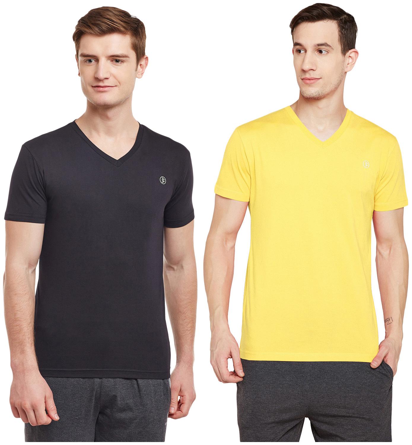 

Bodyactive Men Black Yellow Regular fit Cotton V neck T-Shirt - Pack Of 2
