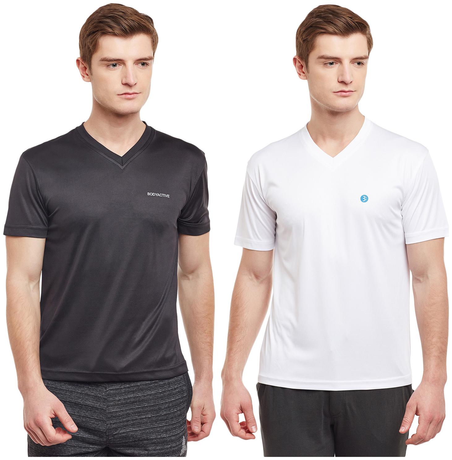 

Bodyactive Men Black White Regular fit Cotton V neck T-Shirt - Pack Of 2