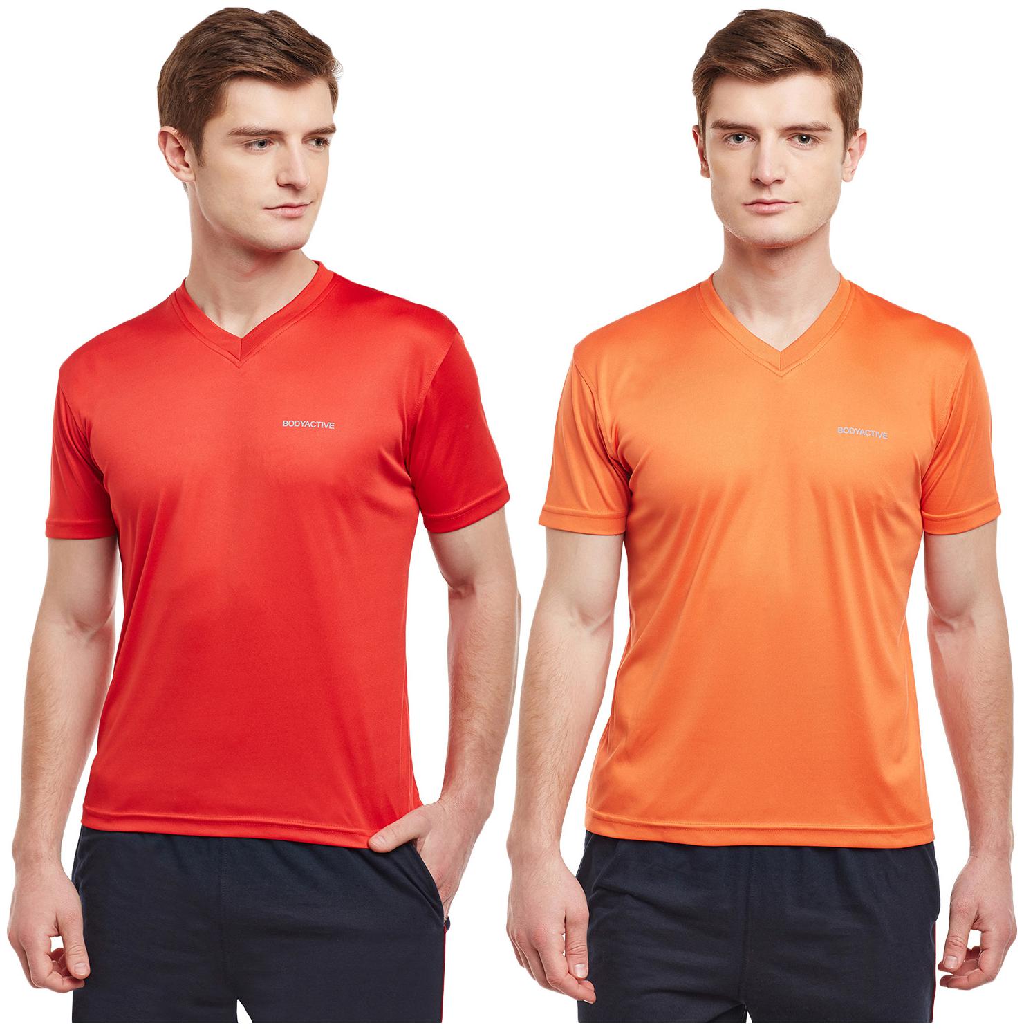 

Bodyactive Men Red Orange Regular fit Cotton V neck T-Shirt - Pack Of 2