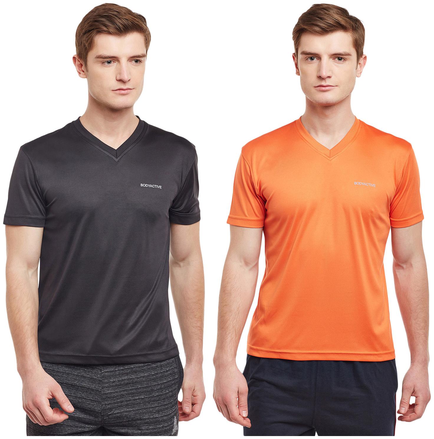 

Bodyactive Men Black Orange Regular fit Cotton V neck T-Shirt - Pack Of 2
