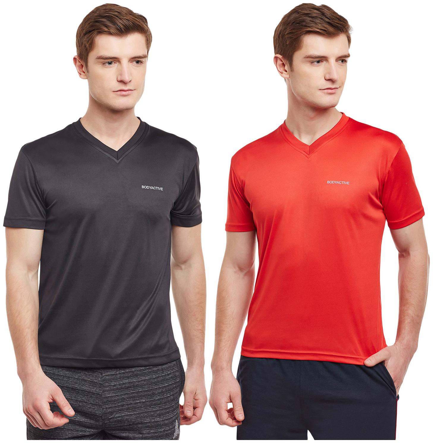 

Bodyactive Men Black Red Regular fit Cotton V neck T-Shirt - Pack Of 2