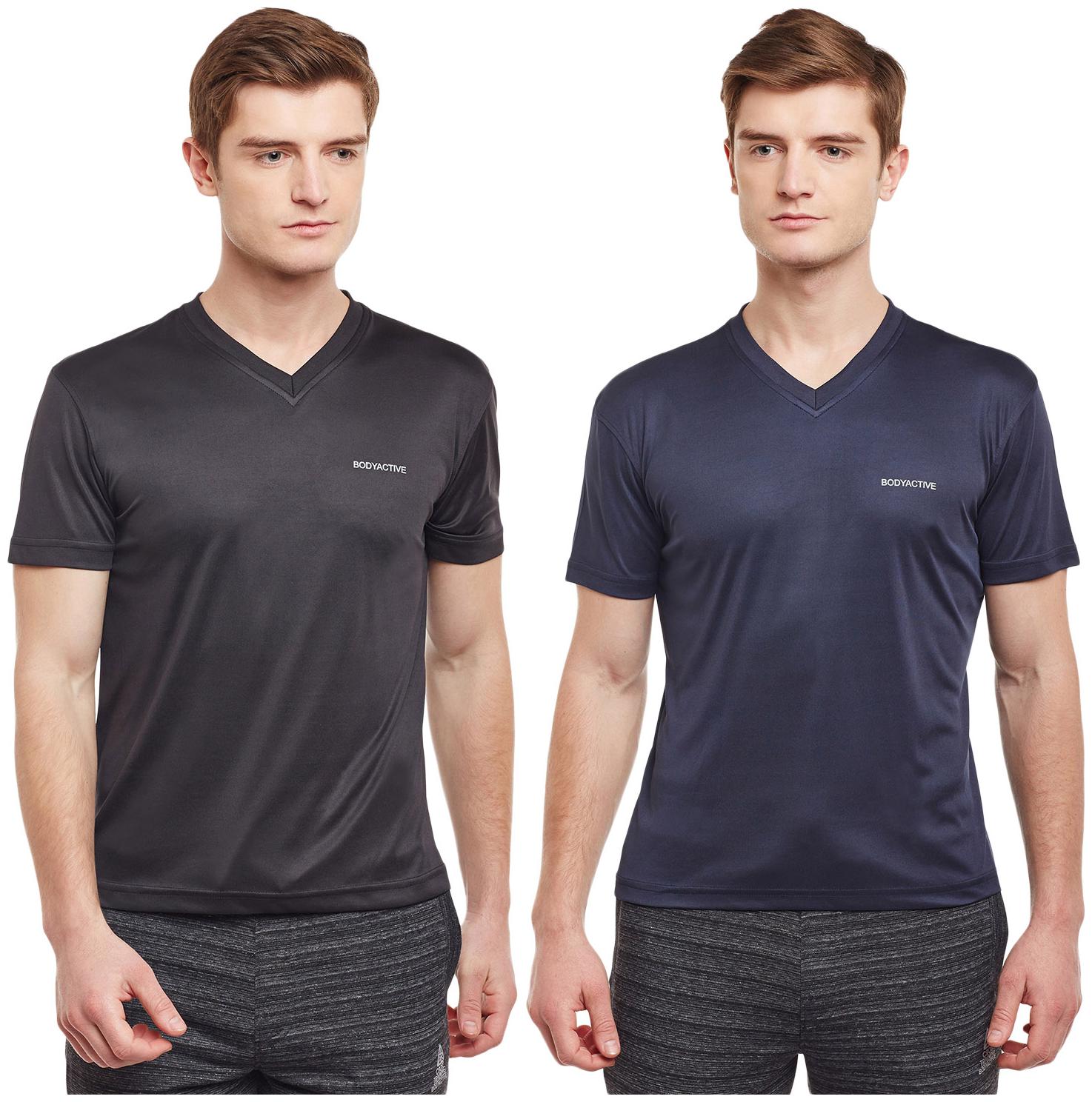 

Bodyactive Men Black Blue Regular fit Cotton V neck T-Shirt - Pack Of 2