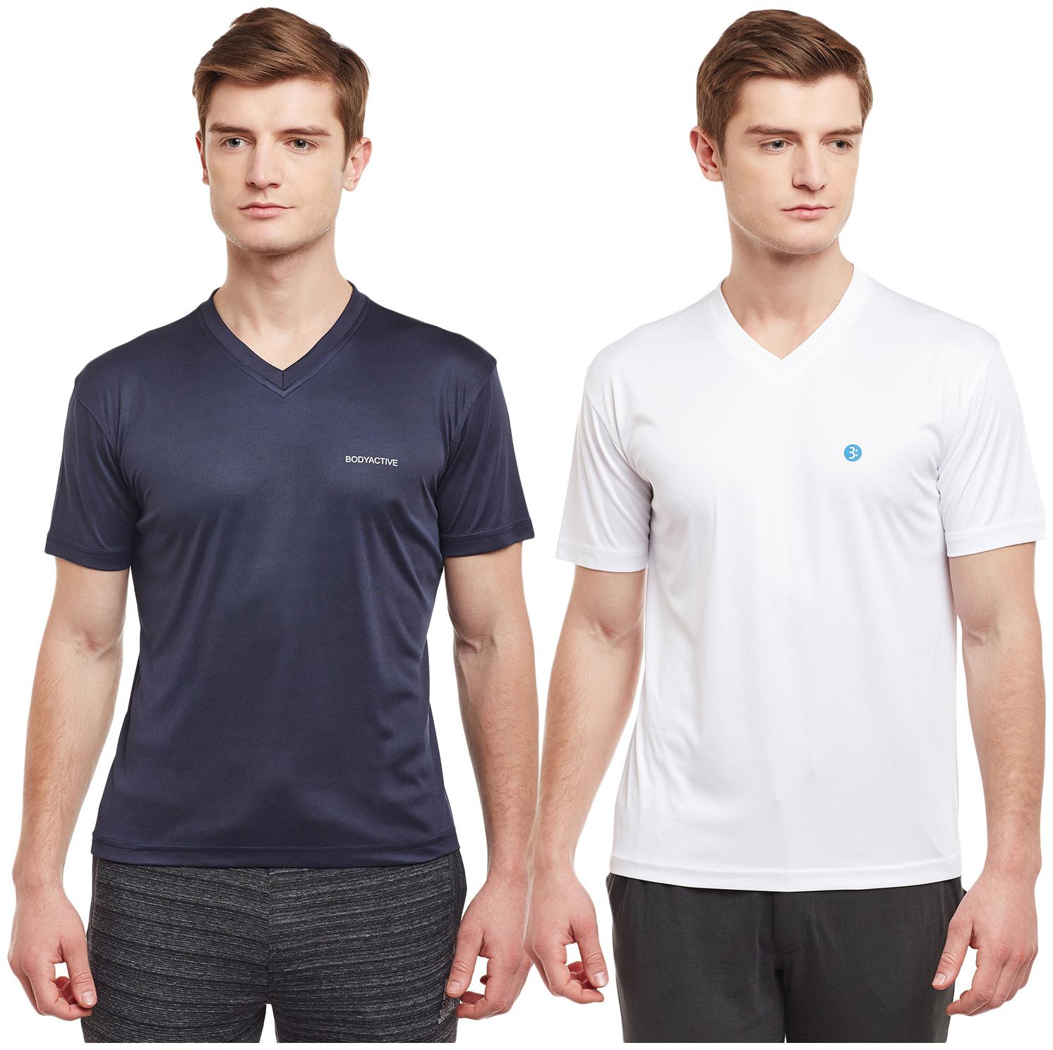 

Bodyactive Men Blue White Regular fit Cotton V neck T-Shirt - Pack Of 2